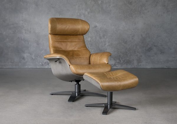 Justin Chair and Ottoman in Leather, Angle Justin Chair and Ottoman in Leather, Angle