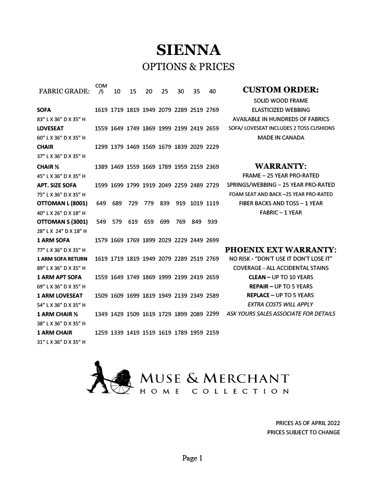Sienna Collection Prices 1 Sienna Collection Prices 1