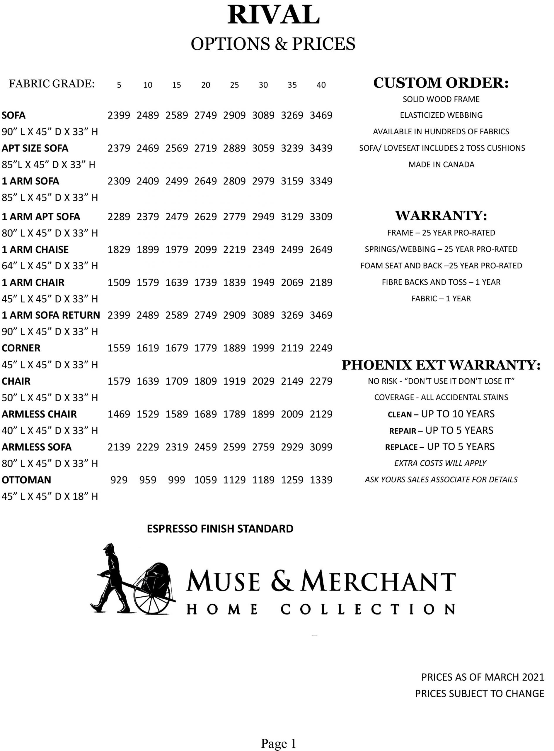 Rival Collection Pricing and Dimensions