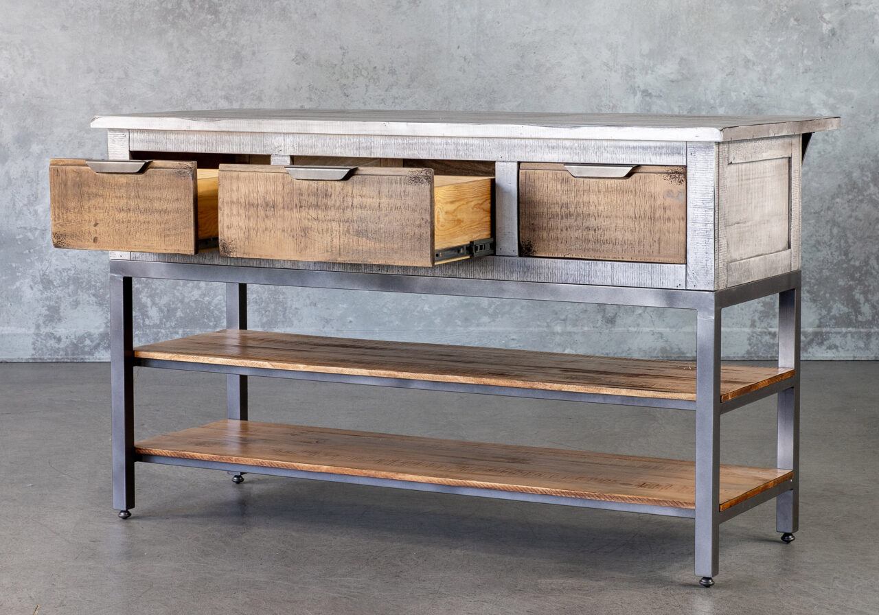 Mita Kitchen Island, Angle, Drawers Out
