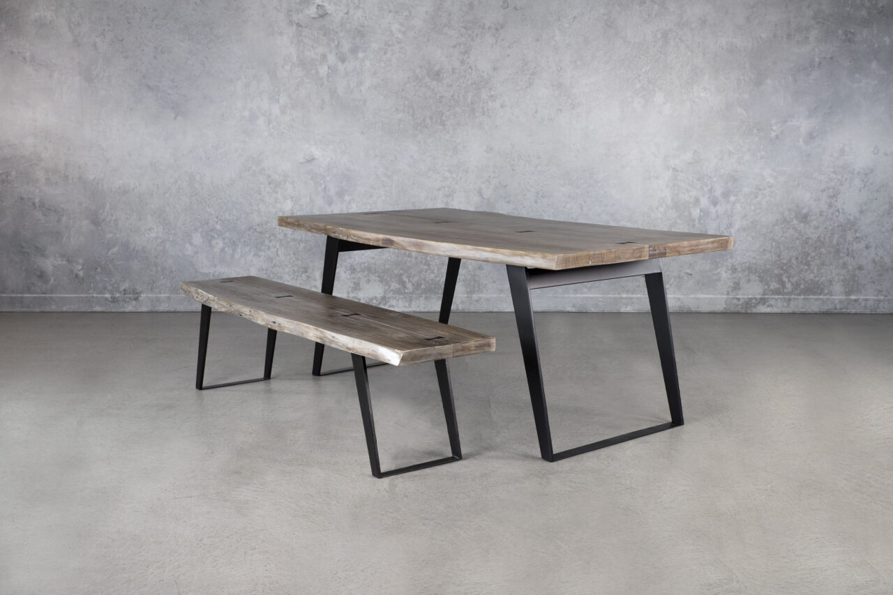 Shinola Table, Acacia and Bench, Angle
