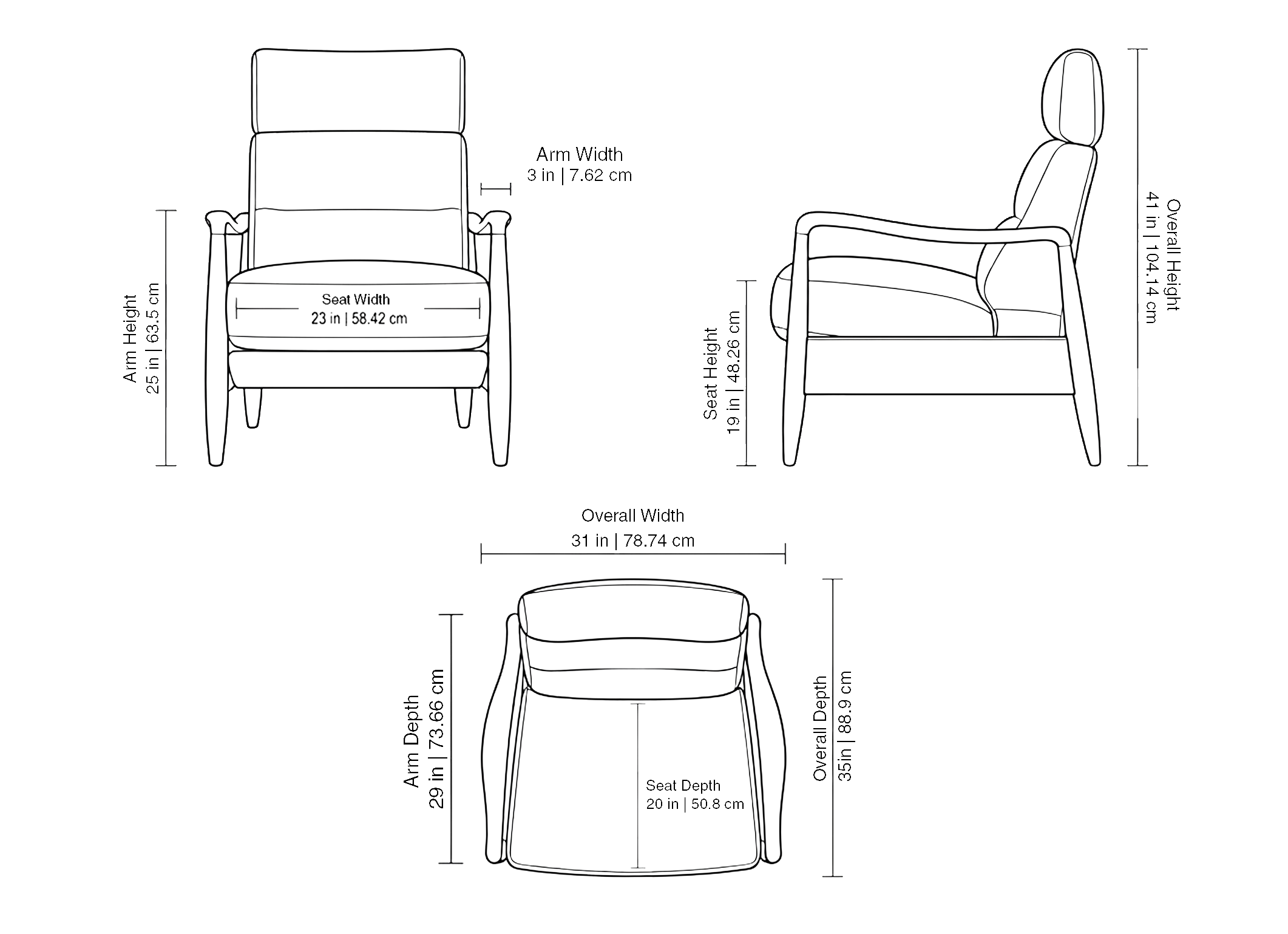 Hanford Recliner dimensions showing width, depth, height, seat width and seat height